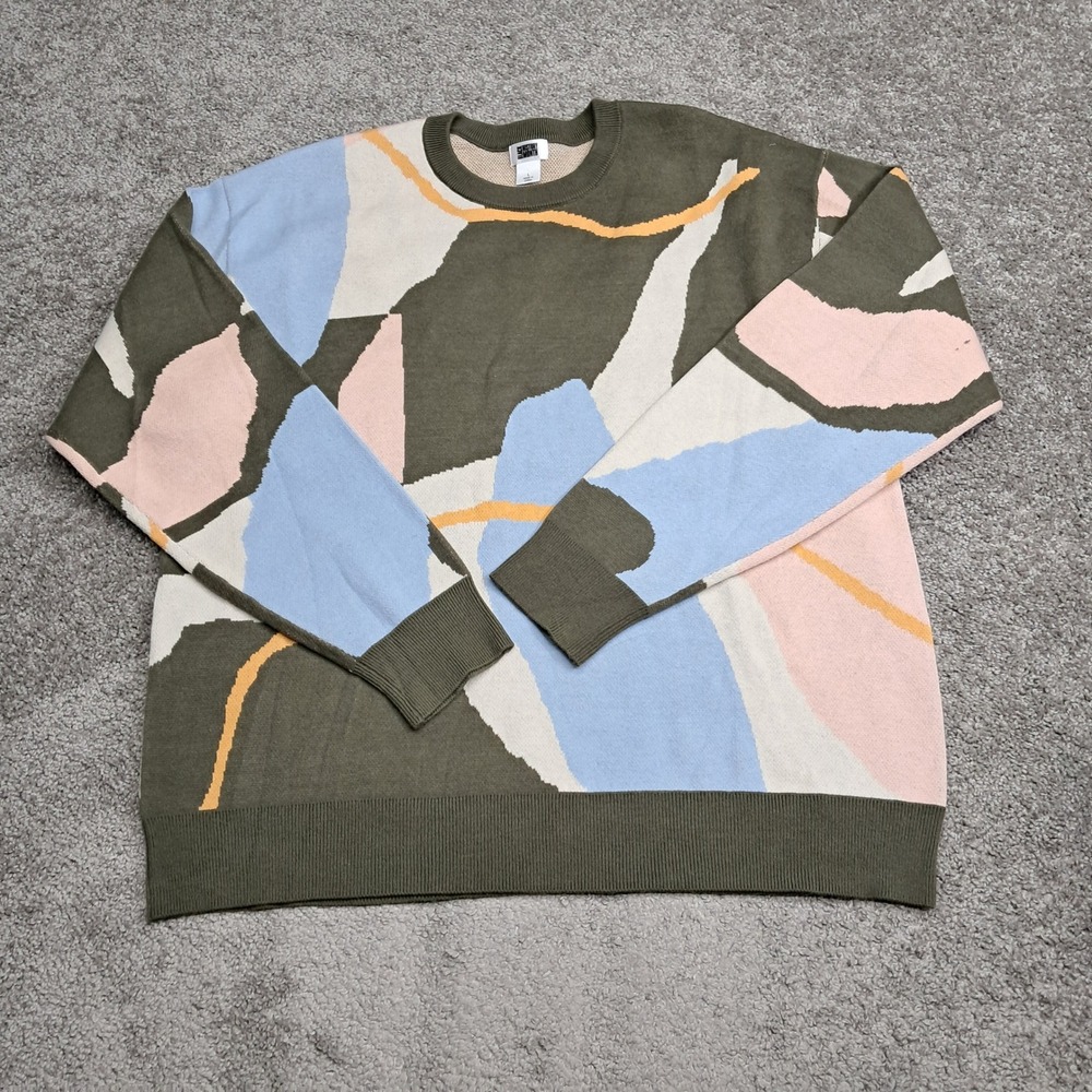 Black History Month Men Abstract Intarsia Knit Crewneck Sweater Olive Green‎ L